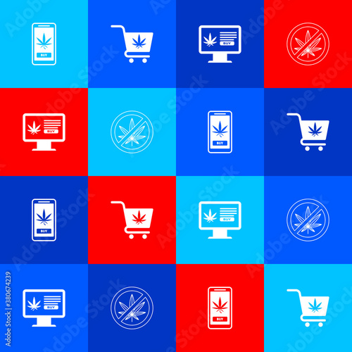 Set Online buying marijuana, Shopping cart with, and Stop icon. Vector.