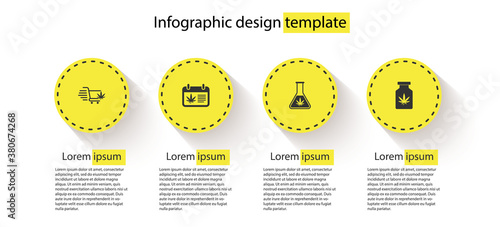 Set Shopping cart with marijuana, Calendar and, Test tube and Medical bottle. Business infographic template. Vector.