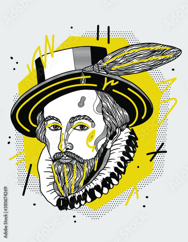 Creative geometric yellow style. George Washington sculpture. Sir Walter Raleigh