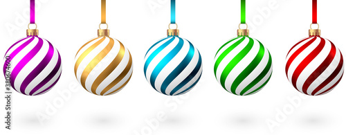 Red, blue, green, golden, purple Christmas ball on white background.