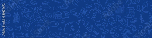 Doodle money seamless horizontal border. Outline hand drawn objects on blue chalkboard. Vector illustration.