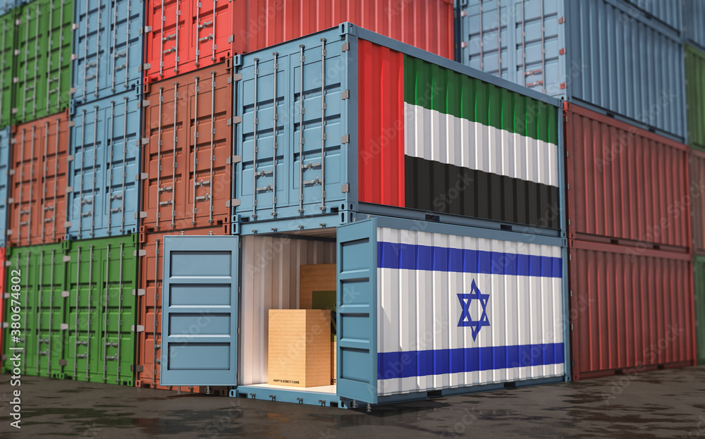 Stacks of Freight containers. Israel and United Arab Emirates flag. 3D Rendering Stacks of Freight containers. Israel and United Arab Emirates flag. 3D Rendering