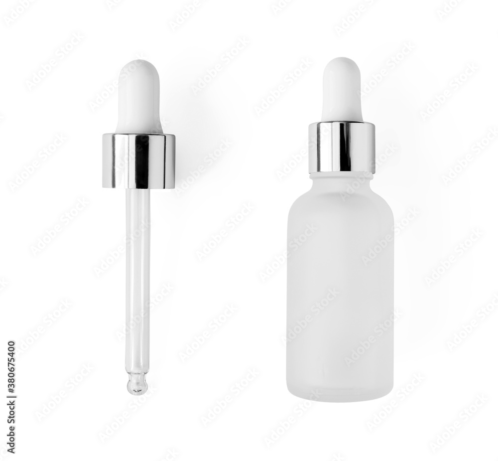 Serum bottle with pipette isolated on white background, top view. Close-up frosted glass container for skin care beauty product, above..Aromatherapy, essence or perfume blank - obrazy, fototapety, plakaty 