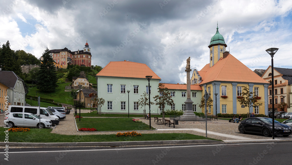 Town Javornik with the Castle Jansky vrch , Rychlebske Mountains, Northern Moravia, Czech Republic