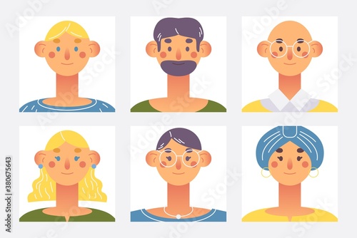 Avatar vector set with blonde, brunette and bald caucasian characters. Creative collection with lovely drawn smiling human