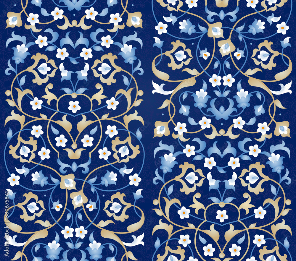 Vector seamless pattern with bright floral ornament. Vintage design element in Eastern style. Ornamental lace tracery. Ornate floral decor for wallpaper. Traditional arabic decor on blue background.