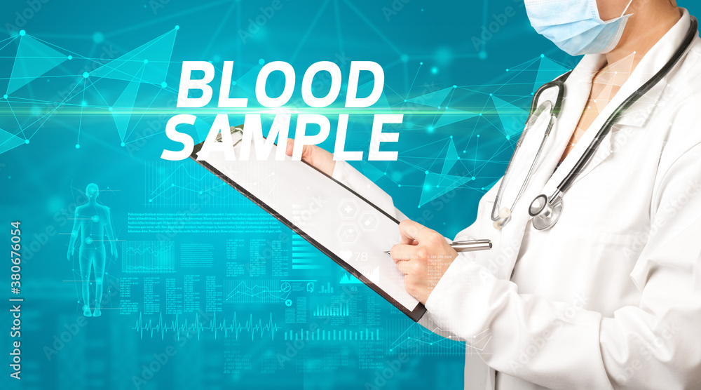 doctor writes notes on the clipboard with BLOOD SAMPLE inscription, medical diagnosis concept doctor writes notes on the clipboard with BLOOD SAMPLE inscription, medical diagnosis concept