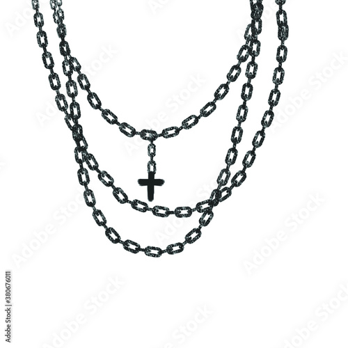 Silver necklace with a cross on a white background