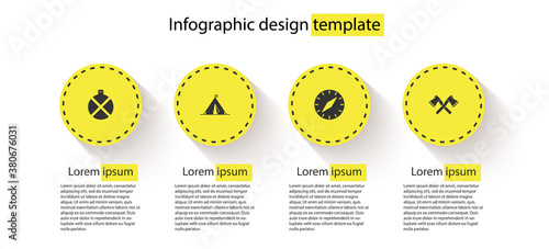 Set Canteen water bottle, Tourist tent with flag, Compass and Crossed wooden axe. Business infographic template. Vector.