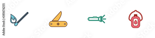 Set Burning match with fire, Swiss army knife, Flashlight and Canteen water bottle icon. Vector.
