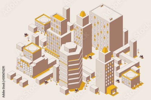 Outline mode isometric city with skyscrapers, trees and cars. Concept scene of business area with yellow and brown colors
