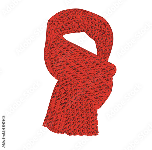 Vector stock illustration of a red knitted scarf. Large pattern of wool fabric. Autumn outerwear for comfort. A warm shawl. Isolated on a white background. soft wool accessory for cold weather