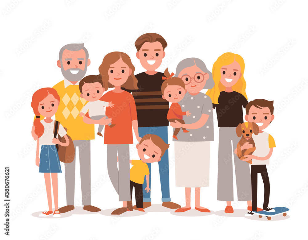 Big happy multi-generational family siblings relatives portrait. Vector people. Seniors mother and father with babies, children grandchildrens and grandparents. Grandma grandpa mom dad. Big happy multi-generational family siblings relatives portrait. Vector people. Seniors mother and father with babies, children grandchildrens and grandparents. Grandma grandpa mom dad.