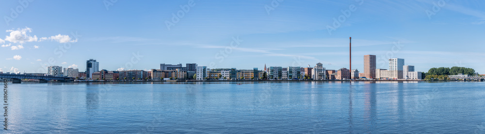 Panoramic view of the waterfront of the western city of Aalborg from Limfjordsbroen bridge to Kulturbroen bridge