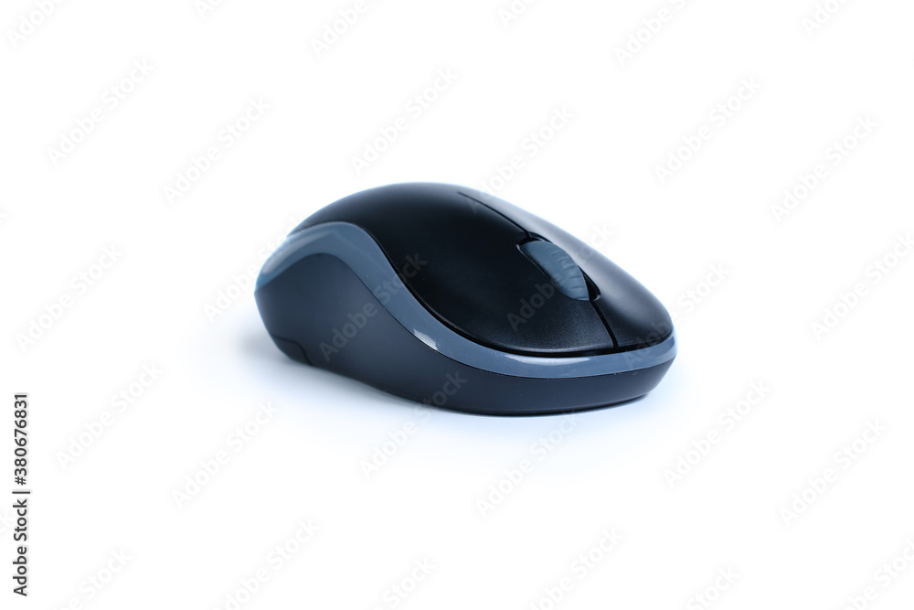 Black wireless mouse against white background Black wireless mouse against white background