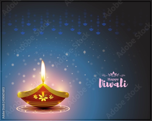 Vector greeting of Happy Diwali, Dipawali, Indian festival, festival of lights, diya lamp, oil lamp, diya danglers, patterns, colorful bokeh background, vector illustration banner, holiday wishes post