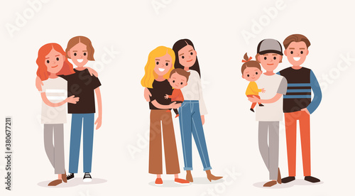 Happy lesbian family with child. Gay couple with a baby.Wife and wife together. Husband and husband together.