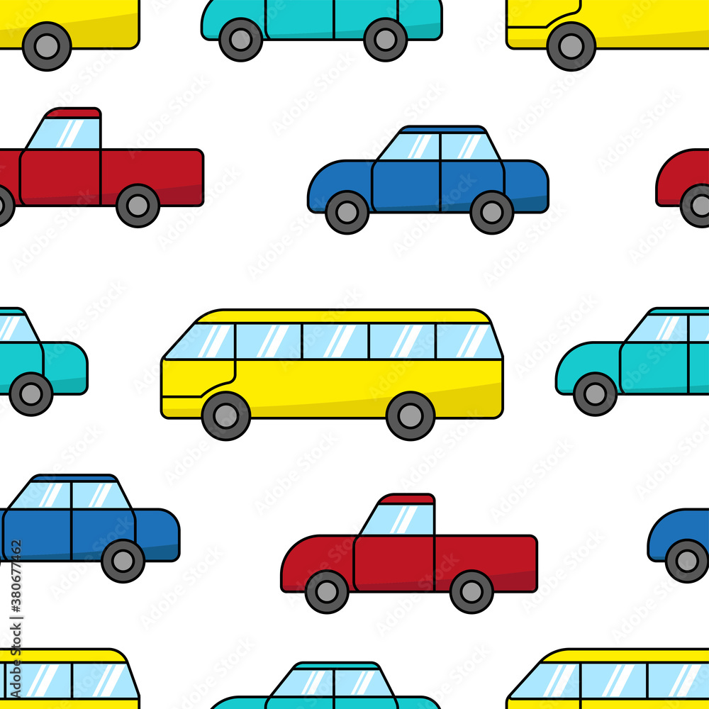 Bright multicolored cars isolated on white background. Bus, sedan, pickup. Cute transport seamless pattern. Side view. Vector flat graphic hand drawn illustration. Texture.