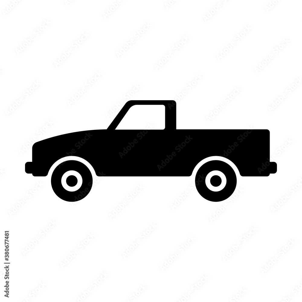 Pickup truck icon. Black silhouette. Side view. Vector flat graphic illustration. The isolated object on a white background. Isolate.
