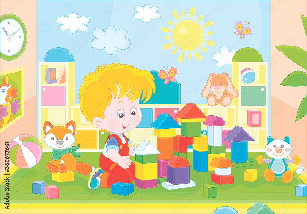 Happy little boy playing with color bricks and constructing a funny toy fortress for game in a playroom of a kindergarten, vector cartoon illustration