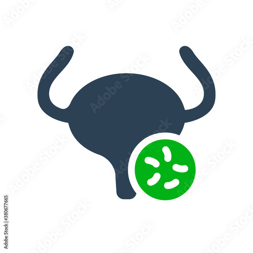 Urinary bladder with bacteria colored icon. Diseased internal organ, cystitis, bladder infection, bacterial urinary tract infections symbol