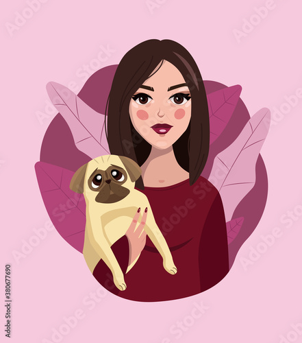 A pretty young girl holding a pug in her hands in the shades of violet. 