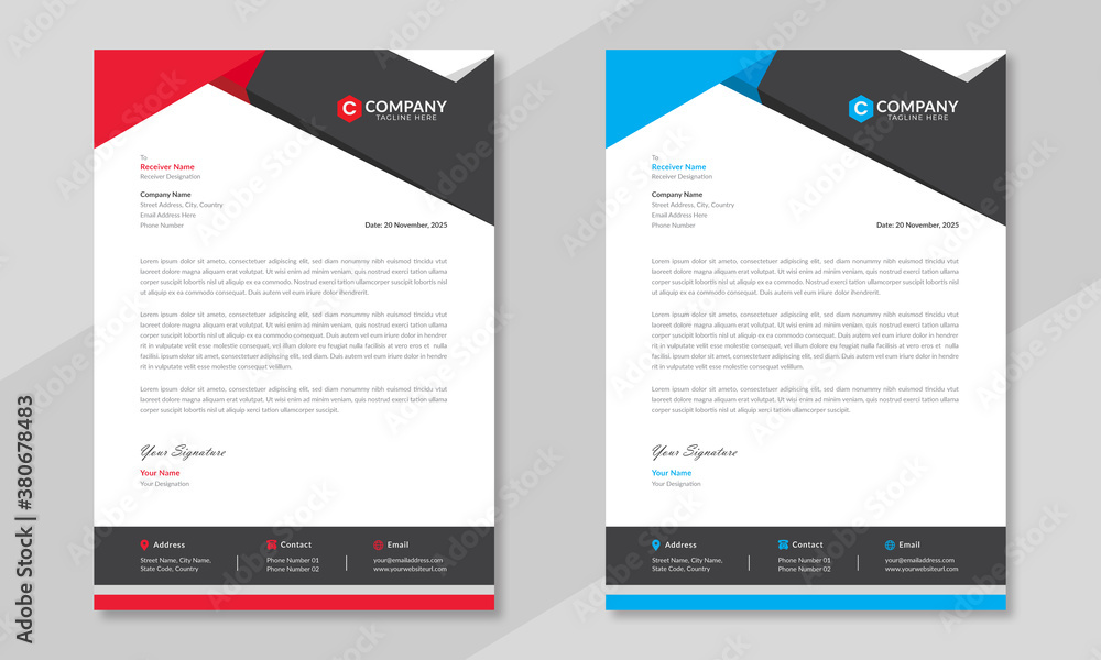 Professional corporate letterhead design in red & blue color with geometric shapes. Print ready modern & elegant business letterhead template for business projects. Vector graphic illustration.