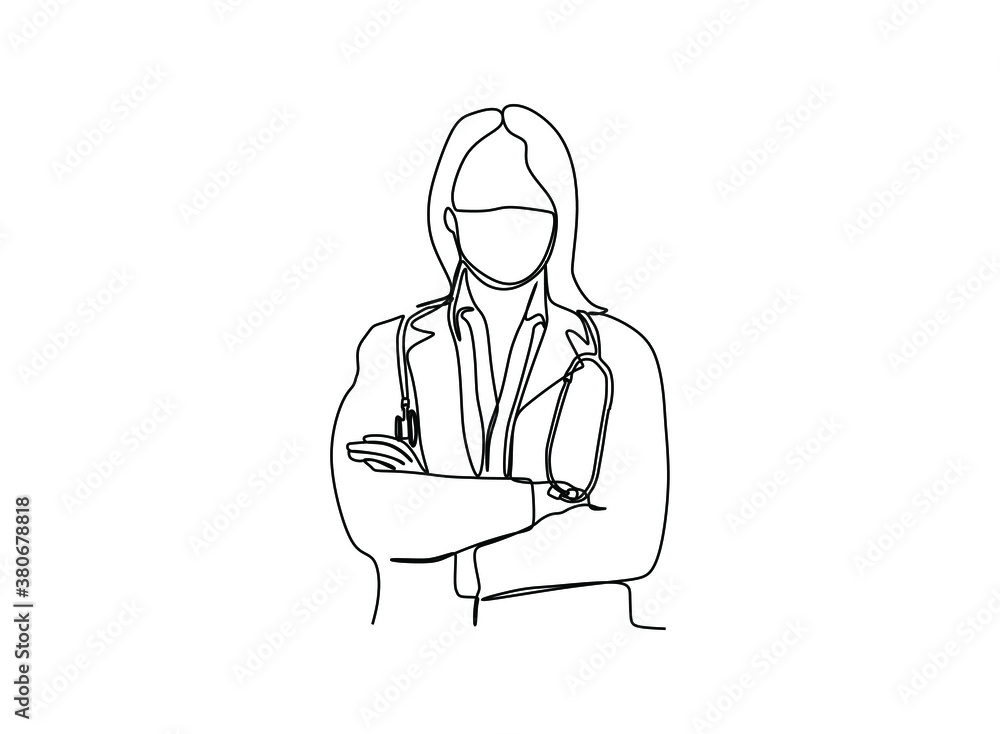 Continuous one line drawing vector illustration of a young female medical doctor in a surgical protective mask. Continuous one line drawing vector illustration of a young female medical doctor in a surgical protective mask.