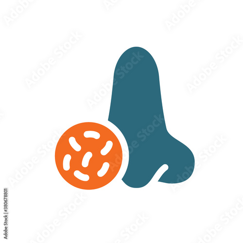 Nose with bacteria colored icon. Diseased of nose and paranasal sinuse, bacterial infection of the nasal vestibule, nasal vestibulitis symbol