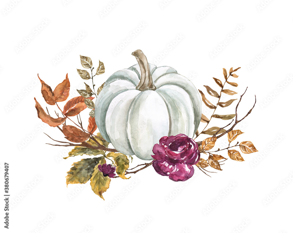 Autumn pumpkin arrangement, isolated on white background. White pumpkin, fall flowers, leaves, tree branches. Rustic style illustration. Thanksgiving card. - obrazy, fototapety, plakaty 