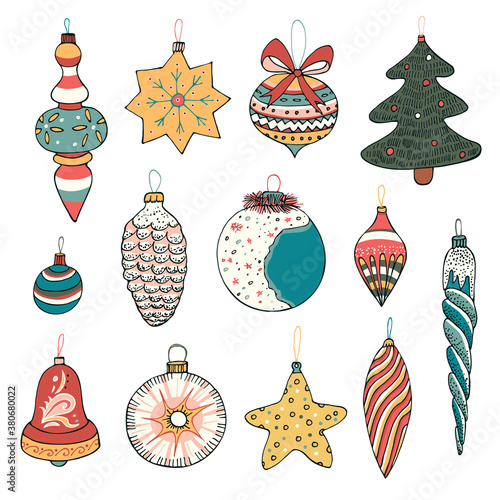 Christmas toys hand drawn doodle vector illustrations set