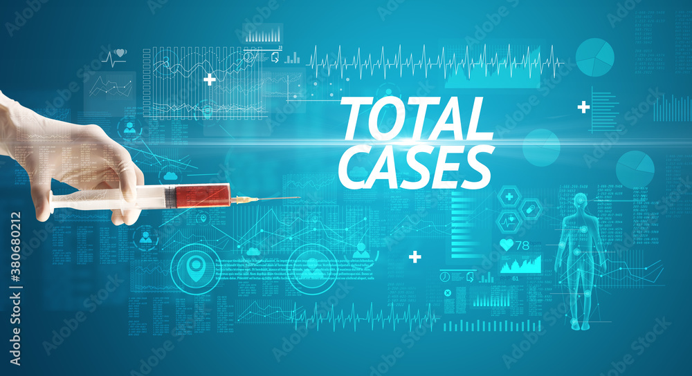 Syringe needle with virus vaccine and TOTAL CASES inscription, antidote concept Syringe needle with virus vaccine and TOTAL CASES inscription, antidote concept