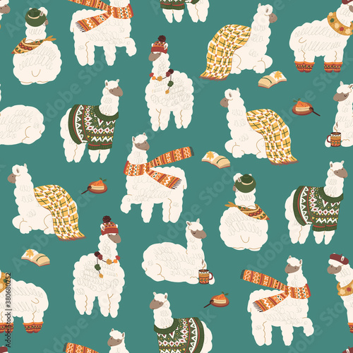 Winter Christmas llama alpaca animals cozy hand drawn seamless vector pattern