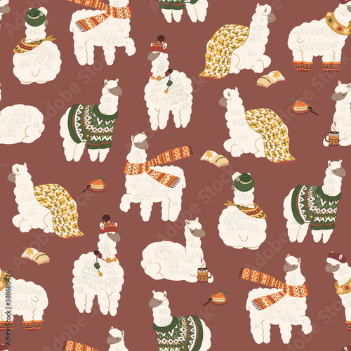 Winter Christmas llama alpaca animals cozy hand drawn seamless vector pattern