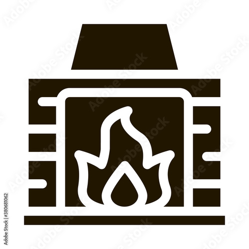 Fireplace With Fire Flame Heating Equipment glyph icon . Cool And Humidity, Airing, Ionisation And Heating Pictogram. Conditioning Related Monochrome Illustration