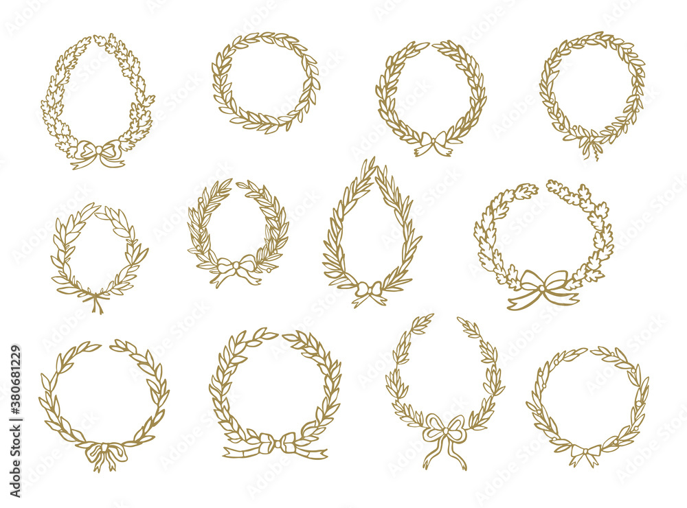 Laurel wreath hand drawn vector wedding decoration illustrations set Laurel wreath hand drawn vector wedding decoration illustrations set