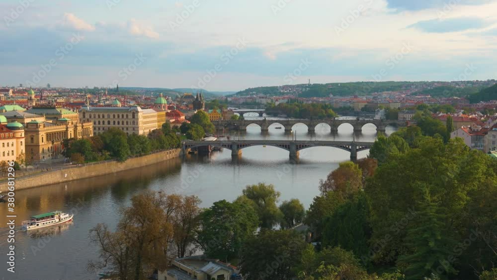 Pan left of historic bridges on the Vltava River in Prague Pan left of historic bridges on the Vltava River in Prague