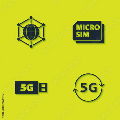 Set Social network, 5G, modem and Micro Sim Card icon. Vector.