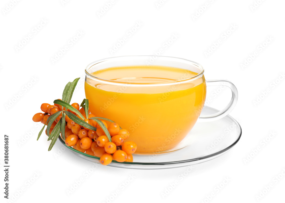 Sea buckthorn tea and fresh berries isolated on white Sea buckthorn tea and fresh berries isolated on white