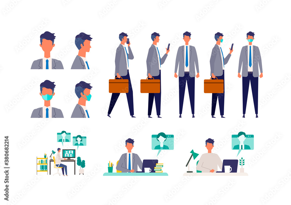 Set of masked businessman in different poses. Concept for teleworking.