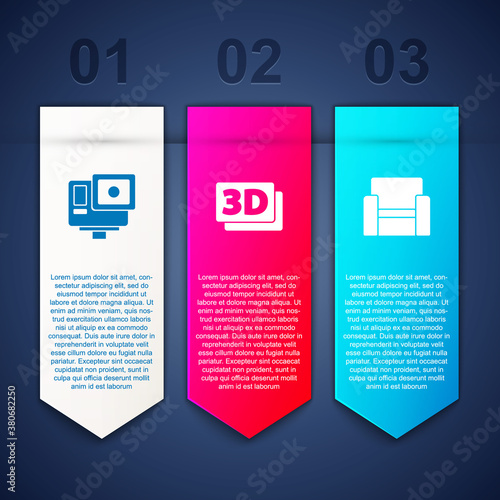 Set Action extreme camera, 3D word and Cinema chair. Business infographic template. Vector.