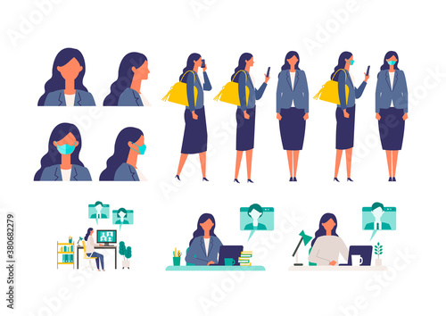 Set of masked businesswoman in different poses. Concept for teleworking.