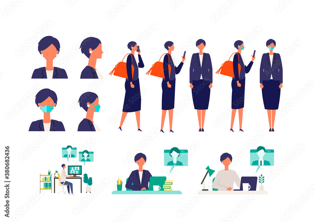 Set of masked businesswoman in different poses. Concept for teleworking. Set of masked businesswoman in different poses. Concept for teleworking.