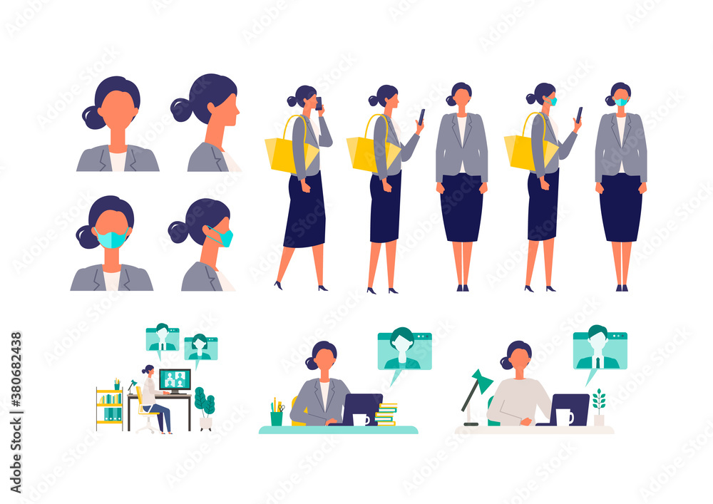 Set of masked businesswoman in different poses. Concept for teleworking. Set of masked businesswoman in different poses. Concept for teleworking.