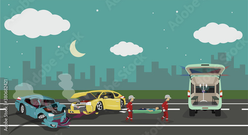 Two car accidents hit each other in the middle of the road. The car suffered severe damage to the front and sides.Rescuers bring injured people up stretchers to bring up the ambulance.