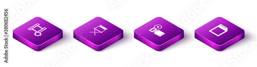 Set Isometric Play Video, Director movie chair, Cinema camera and SD card icon. Vector. photo