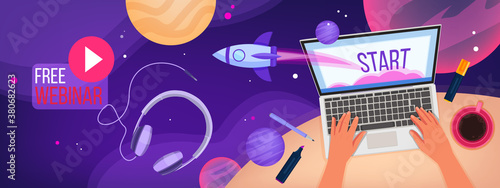 Online education or free webinar space background with laptop,typing hands, rocket, planets. Virtual training or internet courses banner with home office workplace.Online education vector illustration