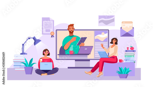 Online education or consultation concept with young students, tutor, laptops, books, screen. Virtual meeting or video call vector illustration with freelancers. Online home education training banner