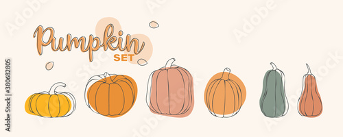 Pumpkin set. Vector illustration concept for Thanksgiving or Halloween day. Stylized pumpkins in various sizes and colors. For postcards, paper, textiles. Autumn concept and vegetable compositions photo