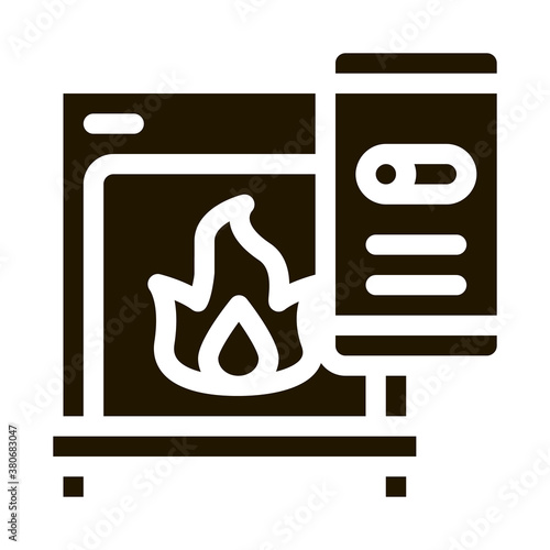 Fireplace Smartpone App Heating Equipment glyph icon . Cool And Humidity, Airing, Ionisation And Heating Pictogram. Conditioning Related Monochrome Illustration